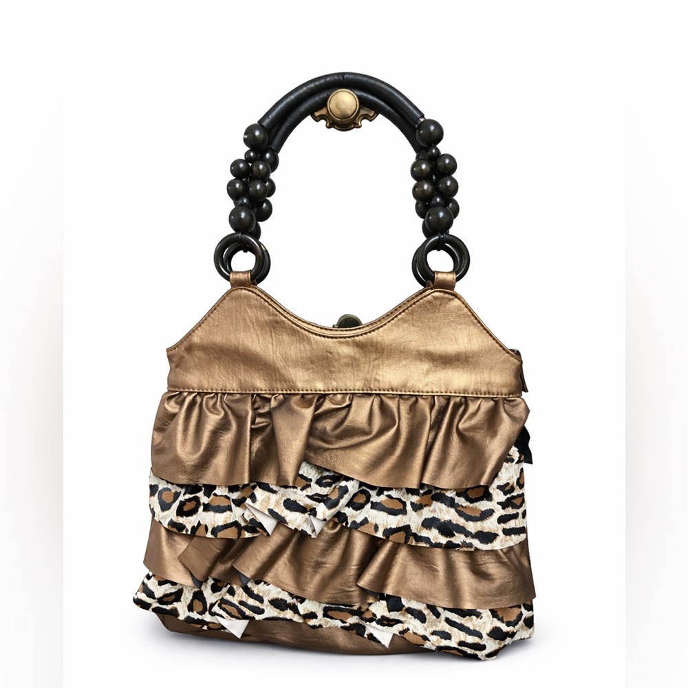 Bronze & Leopard Tiered Satchel Bag • Beaded Handle • Statement Purse • NEW